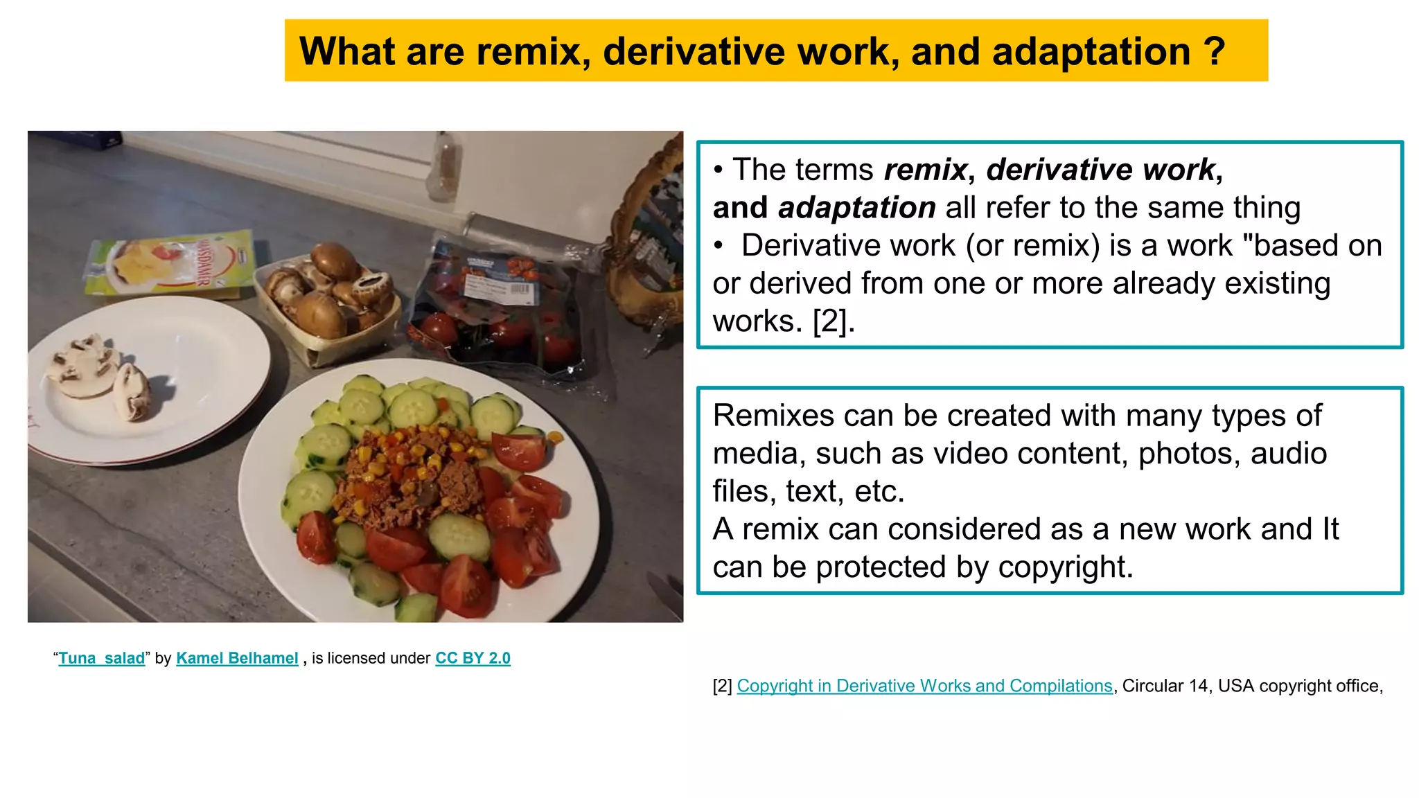 • The terms remix, derivative work,
and adaptation all refer to the same thing
• Derivative work (or remix) is a work "based on
or derived from one or more already existing
works. [2].
What are remix, derivative work, and adaptation ?
Remixes can be created with many types of
media, such as video content, photos, audio
files, text, etc.
A remix can considered as a new work and It
can be protected by copyright.
“Tuna salad” by Kamel Belhamel , is licensed under CC BY 2.0
[2] Copyright in Derivative Works and Compilations, Circular 14, USA copyright office,
 