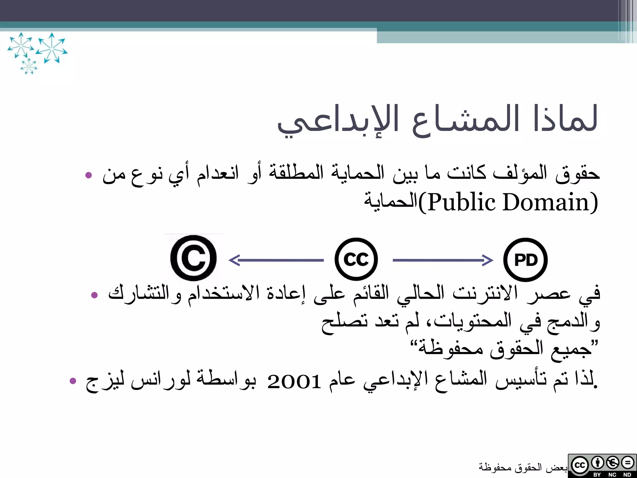 لماذا المشاع الإبداعي حقوق المؤلف كانت ما بين الحماية المطلقة أو انعدام أي نوع من الحماية  ( Public Domain ) في عصر الانترنت الحالي القائم على إعادة الاستخدام والتشارك والدمج في المحتويات، لم تعد تصلح  ”جميع الحقوق محفوظة“ لذا تم تأسيس المشاع الإبداعي عام  2001   بواسطة لورانس ليزج . 