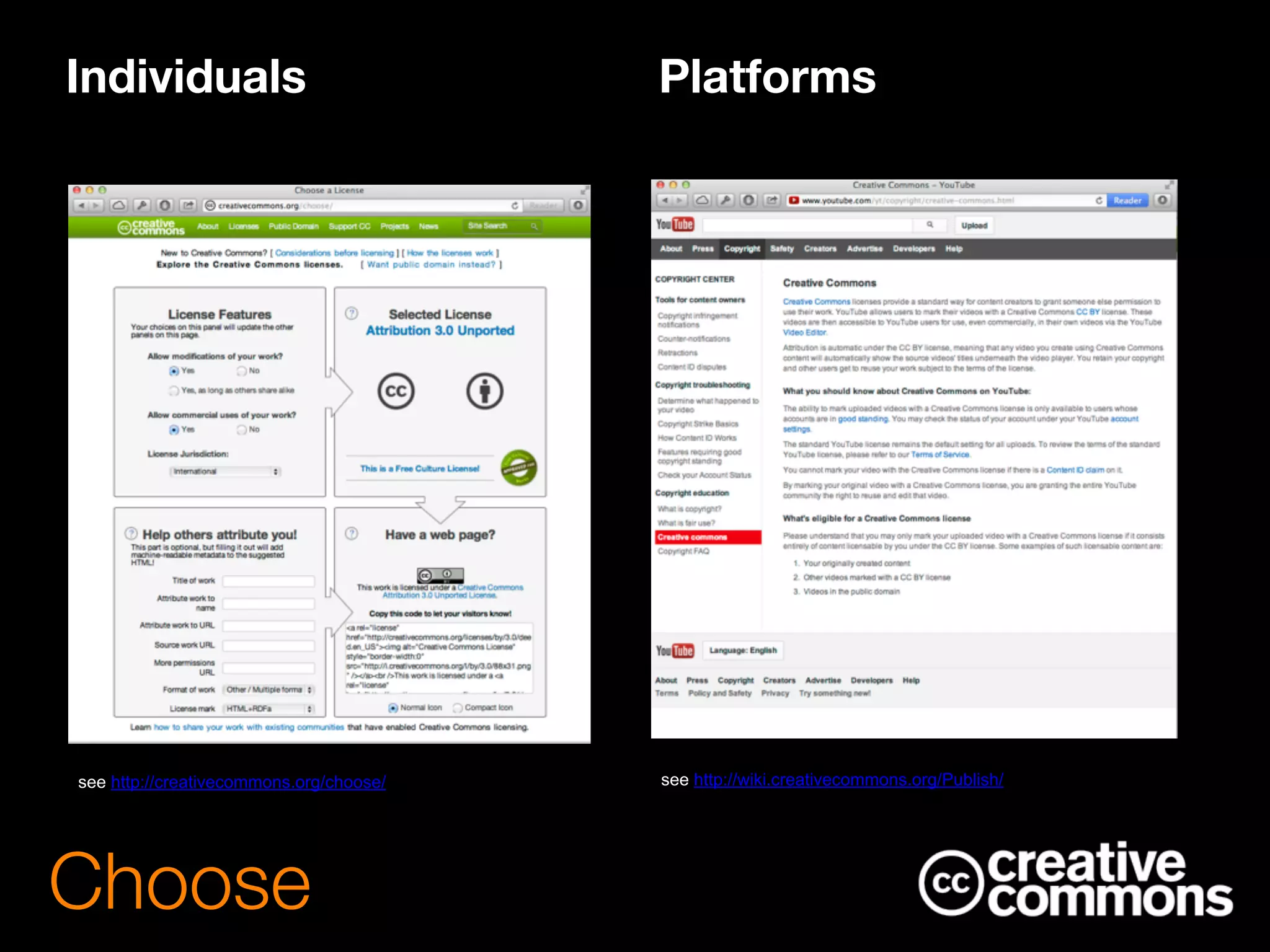 Choose
Individuals Platforms
see http://creativecommons.org/choose/ see http://wiki.creativecommons.org/Publish/
 
