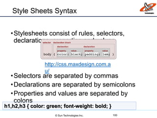 Style Sheets Syntax
•Stylesheets consist of rules, selectors,
declarations, properties and values
•Selectors are separated by commas
•Declarations are separated by semicolons
•Properties and values are separated by
colons
100
h1,h2,h3 { color: green; font-weight: bold; }
http://css.maxdesign.com.a
u/
© Sun Technologies Inc.
 