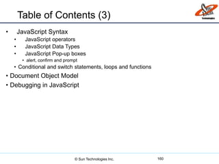 Table of Contents (3)
• JavaScript Syntax
• JavaScript operators
• JavaScript Data Types
• JavaScript Pop-up boxes
• alert, confirm and prompt
• Conditional and switch statements, loops and functions
• Document Object Model
• Debugging in JavaScript
160© Sun Technologies Inc.
 
