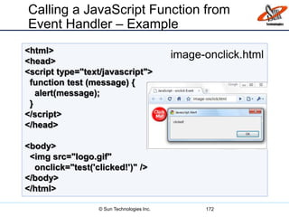 <html>
<head>
<script type="text/javascript">
function test (message) {
alert(message);
}
</script>
</head>
<body>
<img src="logo.gif"
onclick="test('clicked!')" />
</body>
</html>
Calling a JavaScript Function from
Event Handler – Example
image-onclick.html
172© Sun Technologies Inc.
 