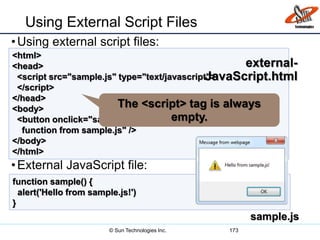 Using External Script Files
•Using external script files:
•External JavaScript file:
173
<html>
<head>
<script src="sample.js" type="text/javascript">
</script>
</head>
<body>
<button onclick="sample()" value="Call JavaScript
function from sample.js" />
</body>
</html>
function sample() {
alert('Hello from sample.js!')
}
external-
JavaScript.html
sample.js
The <script> tag is always
empty.
© Sun Technologies Inc.
 