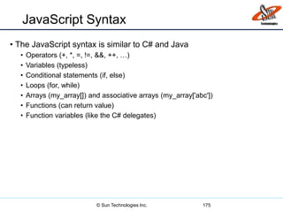 JavaScript Syntax
• The JavaScript syntax is similar to C# and Java
• Operators (+, *, =, !=, &&, ++, …)
• Variables (typeless)
• Conditional statements (if, else)
• Loops (for, while)
• Arrays (my_array[]) and associative arrays (my_array['abc'])
• Functions (can return value)
• Function variables (like the C# delegates)
175© Sun Technologies Inc.
 