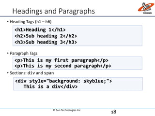 Headings and Paragraphs
• Heading Tags (h1 – h6)
• Paragraph Tags
• Sections: div and span
18
<p>This is my first paragraph</p>
<p>This is my second paragraph</p>
<h1>Heading 1</h1>
<h2>Sub heading 2</h2>
<h3>Sub heading 3</h3>
<div style="background: skyblue;">
This is a div</div>
© Sun Technologies Inc.
 