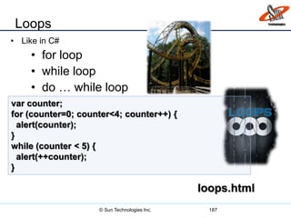 Loops
• Like in C#
• for loop
• while loop
• do … while loop
187
var counter;
for (counter=0; counter<4; counter++) {
alert(counter);
}
while (counter < 5) {
alert(++counter);
}
loops.html
© Sun Technologies Inc.
 