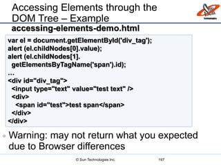 Accessing Elements through the
DOM Tree – Example
 Warning: may not return what you expected
due to Browser differences
197
var el = document.getElementById('div_tag');
alert (el.childNodes[0].value);
alert (el.childNodes[1].
getElementsByTagName('span').id);
…
<div id="div_tag">
<input type="text" value="test text" />
<div>
<span id="test">test span</span>
</div>
</div>
accessing-elements-demo.html
© Sun Technologies Inc.
 