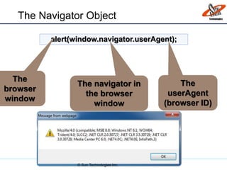 The Navigator Object
209
alert(window.navigator.userAgent);
The navigator in
the browser
window
The
userAgent
(browser ID)
The
browser
window
© Sun Technologies Inc.
 
