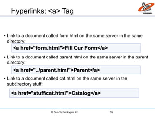 Hyperlinks: <a> Tag
• Link to a document called form.html on the same server in the same
directory:
• Link to a document called parent.html on the same server in the parent
directory:
• Link to a document called cat.html on the same server in the
subdirectory stuff:
35
<a href="form.html">Fill Our Form</a>
<a href="../parent.html">Parent</a>
<a href="stuff/cat.html">Catalog</a>
© Sun Technologies Inc.
 