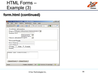 form.html (continued)
HTML Forms –
Example (3)
84© Sun Technologies Inc.
 