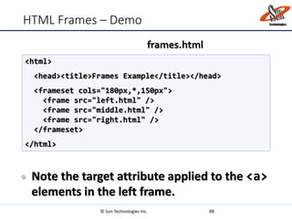 HTML Frames – Demo
88
<html>
<head><title>Frames Example</title></head>
<frameset cols="180px,*,150px">
<frame src="left.html" />
<frame src="middle.html" />
<frame src="right.html" />
</frameset>
</html>
frames.html
 Note the target attribute applied to the <a>
elements in the left frame.
© Sun Technologies Inc.
 