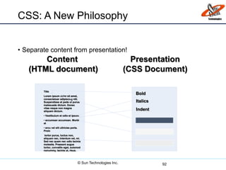 CSS: A New Philosophy
• Separate content from presentation!
92
Title
Lorem ipsum dolor sit amet,
consectetuer adipiscing elit.
Suspendisse at pede ut purus
malesuada dictum. Donec
vitae neque non magna
aliquam dictum.
• Vestibulum et odio et ipsum
• accumsan accumsan. Morbi
at
• arcu vel elit ultricies porta.
Proin
tortor purus, luctus non,
aliquam nec, interdum vel, mi.
Sed nec quam nec odio lacinia
molestie. Praesent augue
tortor, convallis eget, euismod
nonummy, lacinia ut, risus.
Bold
Italics
Indent
Content
(HTML document)
Presentation
(CSS Document)
© Sun Technologies Inc.
 