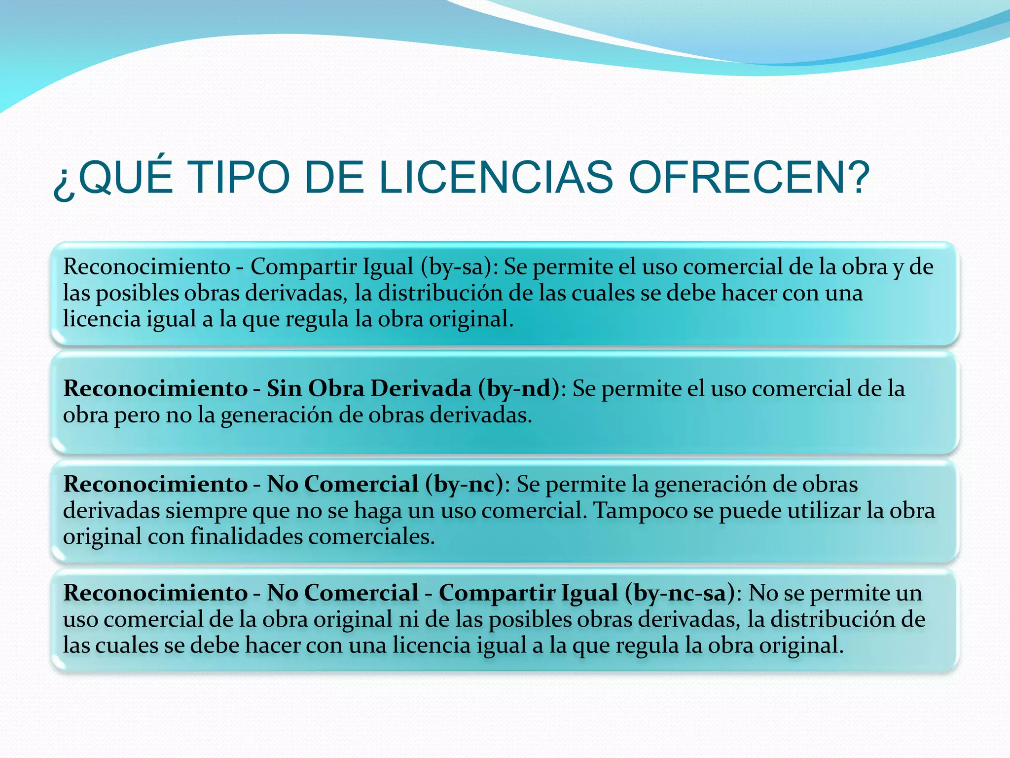 ¿QUÉ TIPO DE LICENCIAS OFRECEN?
Reconocimiento - Compartir Igual (by-sa): Se permite el uso comercial de la obra y de
las posibles obras derivadas, la distribución de las cuales se debe hacer con una
licencia igual a la que regula la obra original.

Reconocimiento - Sin Obra Derivada (by-nd): Se permite el uso comercial de la
obra pero no la generación de obras derivadas.

Reconocimiento - No Comercial (by-nc): Se permite la generación de obras
derivadas siempre que no se haga un uso comercial. Tampoco se puede utilizar la obra
original con finalidades comerciales.

Reconocimiento - No Comercial - Compartir Igual (by-nc-sa): No se permite un
uso comercial de la obra original ni de las posibles obras derivadas, la distribución de
las cuales se debe hacer con una licencia igual a la que regula la obra original.
 