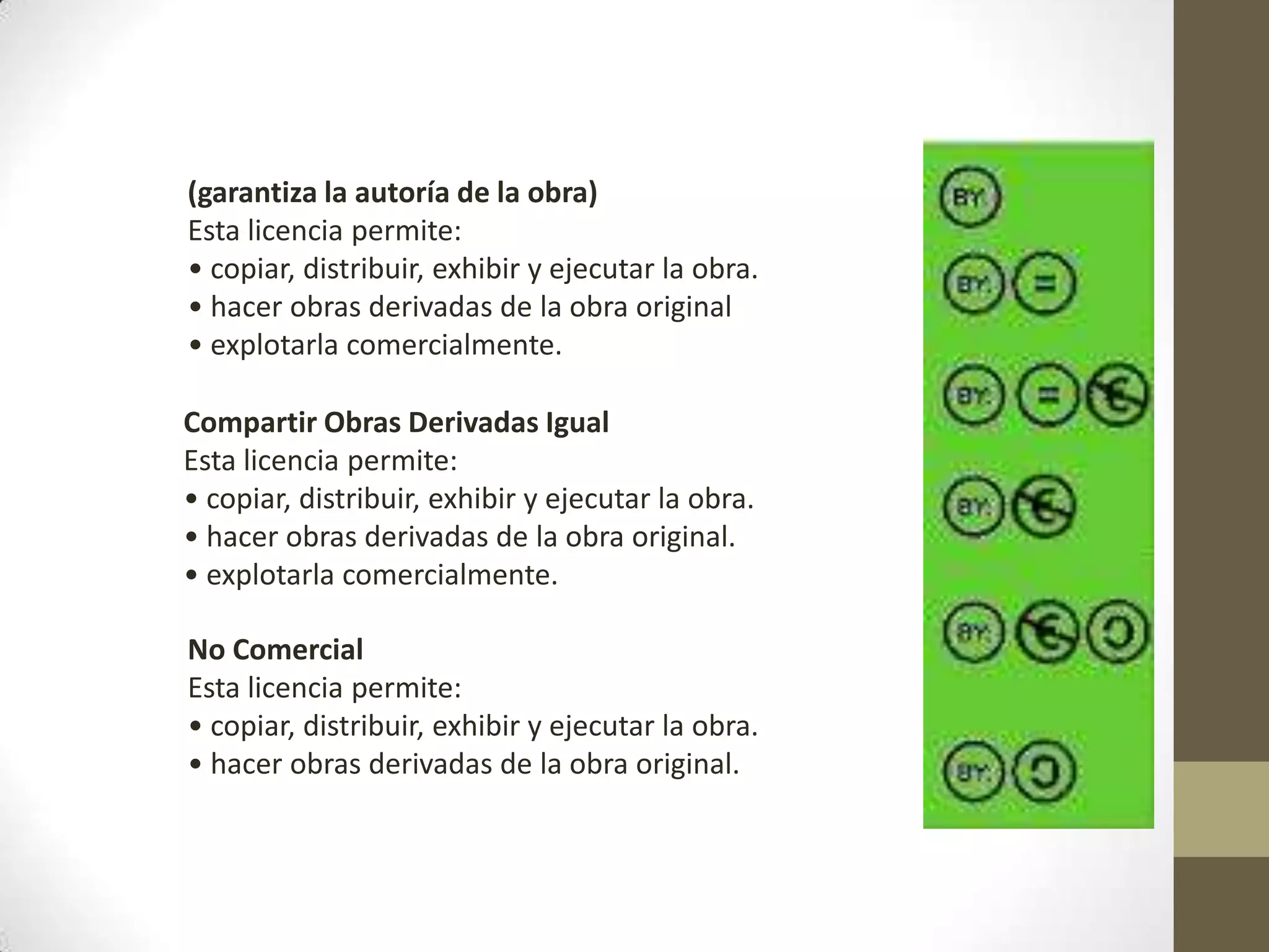 (garantiza la autoría de la obra)
Esta licencia permite:
• copiar, distribuir, exhibir y ejecutar la obra.
• hacer obras derivadas de la obra original
• explotarla comercialmente.
Compartir Obras Derivadas Igual
Esta licencia permite:
• copiar, distribuir, exhibir y ejecutar la obra.
• hacer obras derivadas de la obra original.
• explotarla comercialmente.
No Comercial
Esta licencia permite:
• copiar, distribuir, exhibir y ejecutar la obra.
• hacer obras derivadas de la obra original.
 