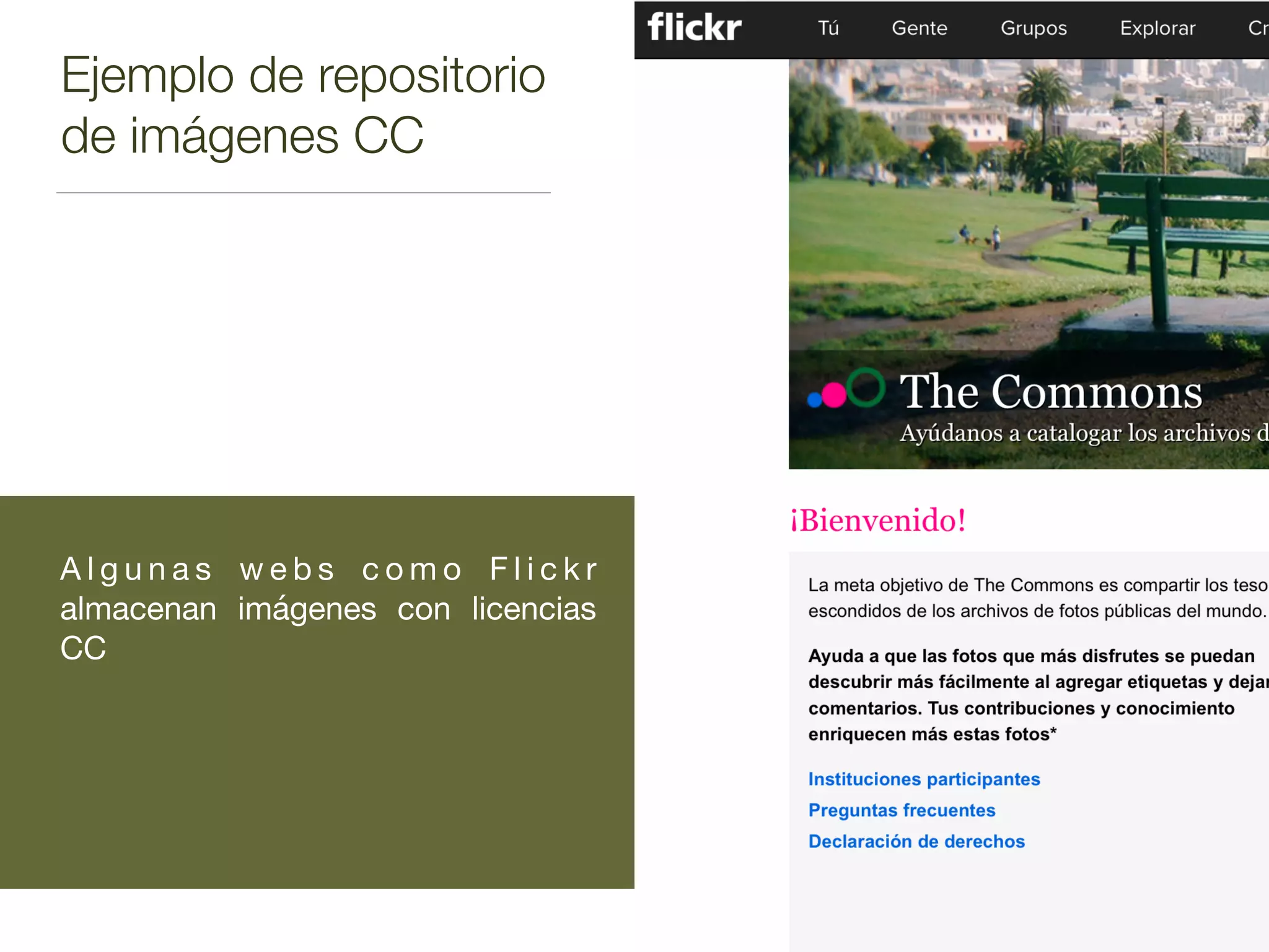 Ejemplo de repositorio
de imágenes CC
A l g u n a s w e b s c o m o F l i c k r
almacenan imágenes con licencias
CC
 