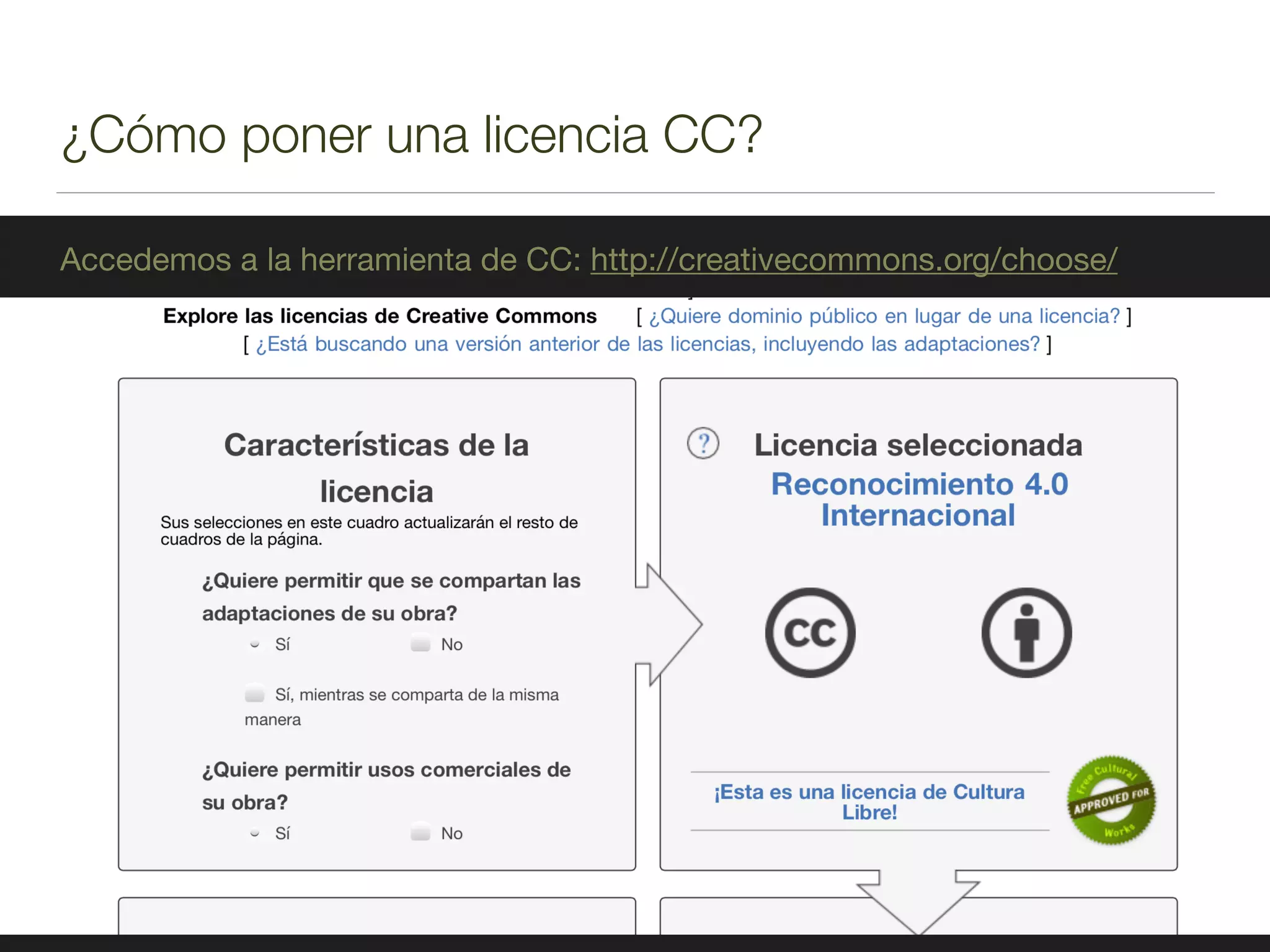 ¿Cómo poner una licencia CC?
Accedemos a la herramienta de CC: http://creativecommons.org/choose/
 