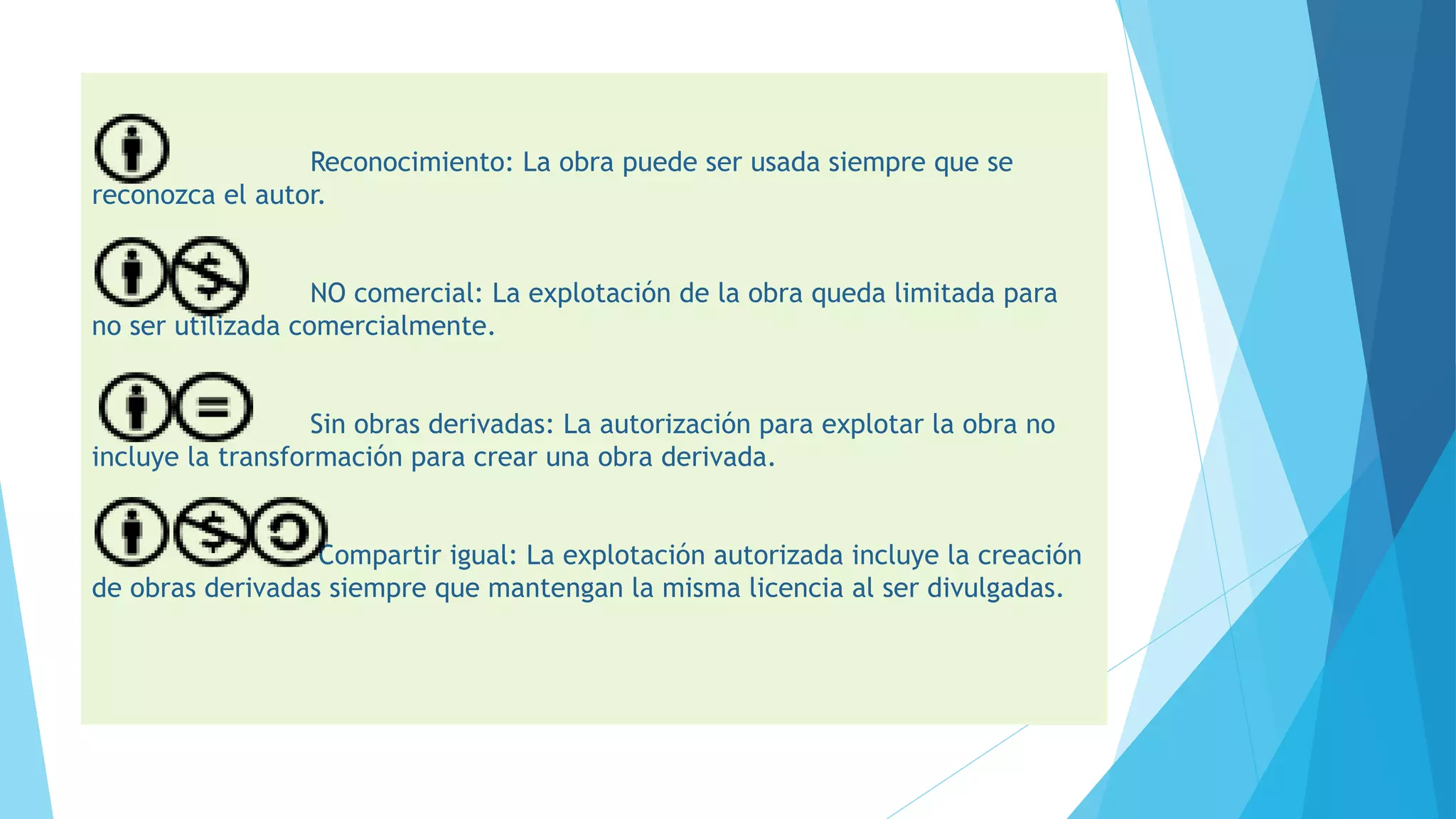 Reconocimiento: La obra puede ser usada siempre que se
reconozca el autor.
NO comercial: La explotación de la obra queda limitada para
no ser utilizada comercialmente.
Sin obras derivadas: La autorización para explotar la obra no
incluye la transformación para crear una obra derivada.
Compartir igual: La explotación autorizada incluye la creación
de obras derivadas siempre que mantengan la misma licencia al ser divulgadas.
 