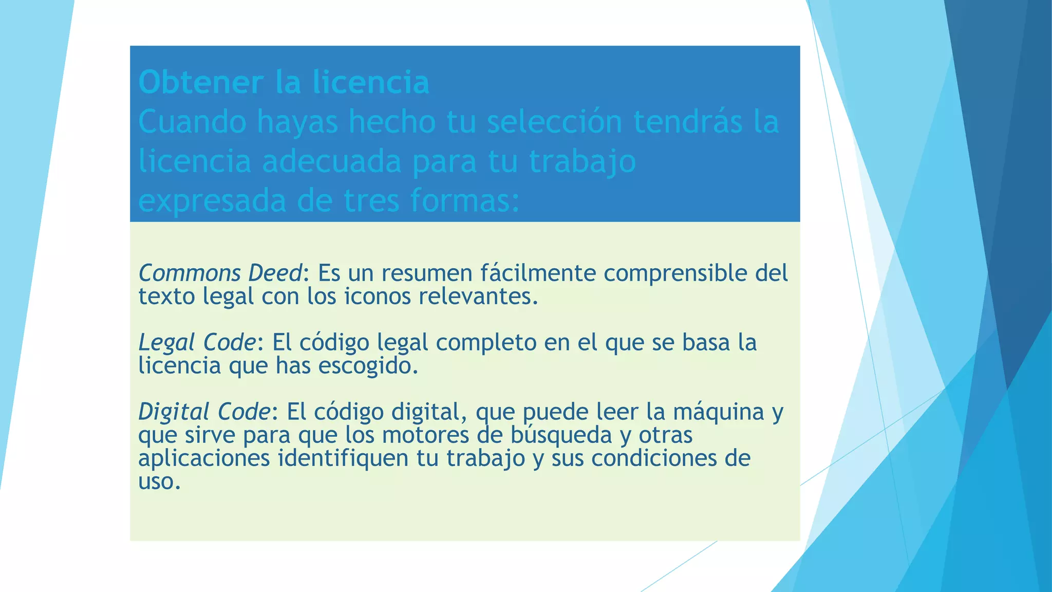 Obtener la licencia
Cuando hayas hecho tu selección tendrás la
licencia adecuada para tu trabajo
expresada de tres formas:
Commons Deed: Es un resumen fácilmente comprensible del
texto legal con los iconos relevantes.
Legal Code: El código legal completo en el que se basa la
licencia que has escogido.
Digital Code: El código digital, que puede leer la máquina y
que sirve para que los motores de búsqueda y otras
aplicaciones identifiquen tu trabajo y sus condiciones de
uso.
 