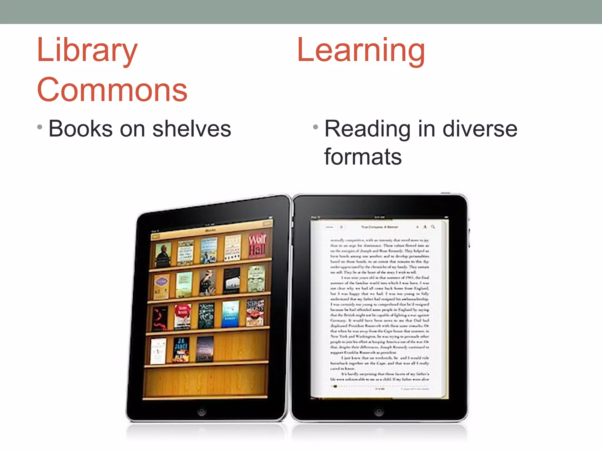 Library              Learning
Commons
• Books on shelves   • Reading in diverse
                      formats
 