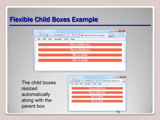 Flexible Child Boxes Example

The child boxes
resized
automatically
along with the
parent box
15

 