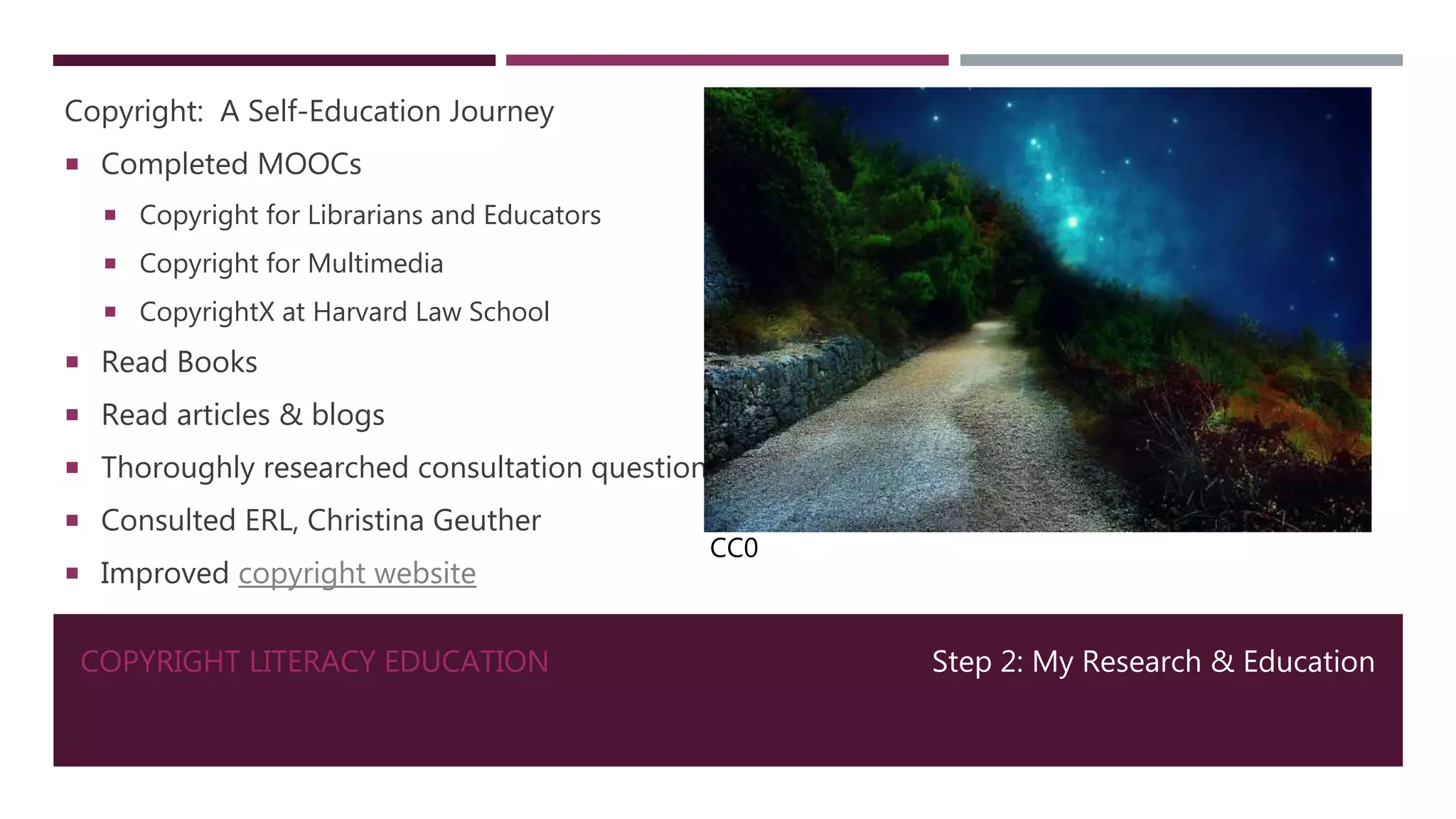 COPYRIGHT LITERACY EDUCATION
Copyright: A Self-Education Journey
 Completed MOOCs
 Copyright for Librarians and Educators
 Copyright for Multimedia
 CopyrightX at Harvard Law School
 Read Books
 Read articles & blogs
 Thoroughly researched consultation questions
 Consulted ERL, Christina Geuther
 Improved copyright website
Step 2: My Research & Education
CC0
 
