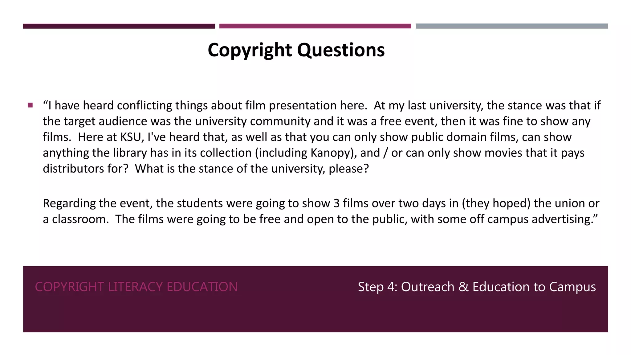 COPYRIGHT LITERACY EDUCATION
 “I have heard conflicting things about film presentation here. At my last university, the stance was that if
the target audience was the university community and it was a free event, then it was fine to show any
films. Here at KSU, I've heard that, as well as that you can only show public domain films, can show
anything the library has in its collection (including Kanopy), and / or can only show movies that it pays
distributors for? What is the stance of the university, please?
Regarding the event, the students were going to show 3 films over two days in (they hoped) the union or
a classroom. The films were going to be free and open to the public, with some off campus advertising.”
Step 4: Outreach & Education to Campus
Copyright Questions
 