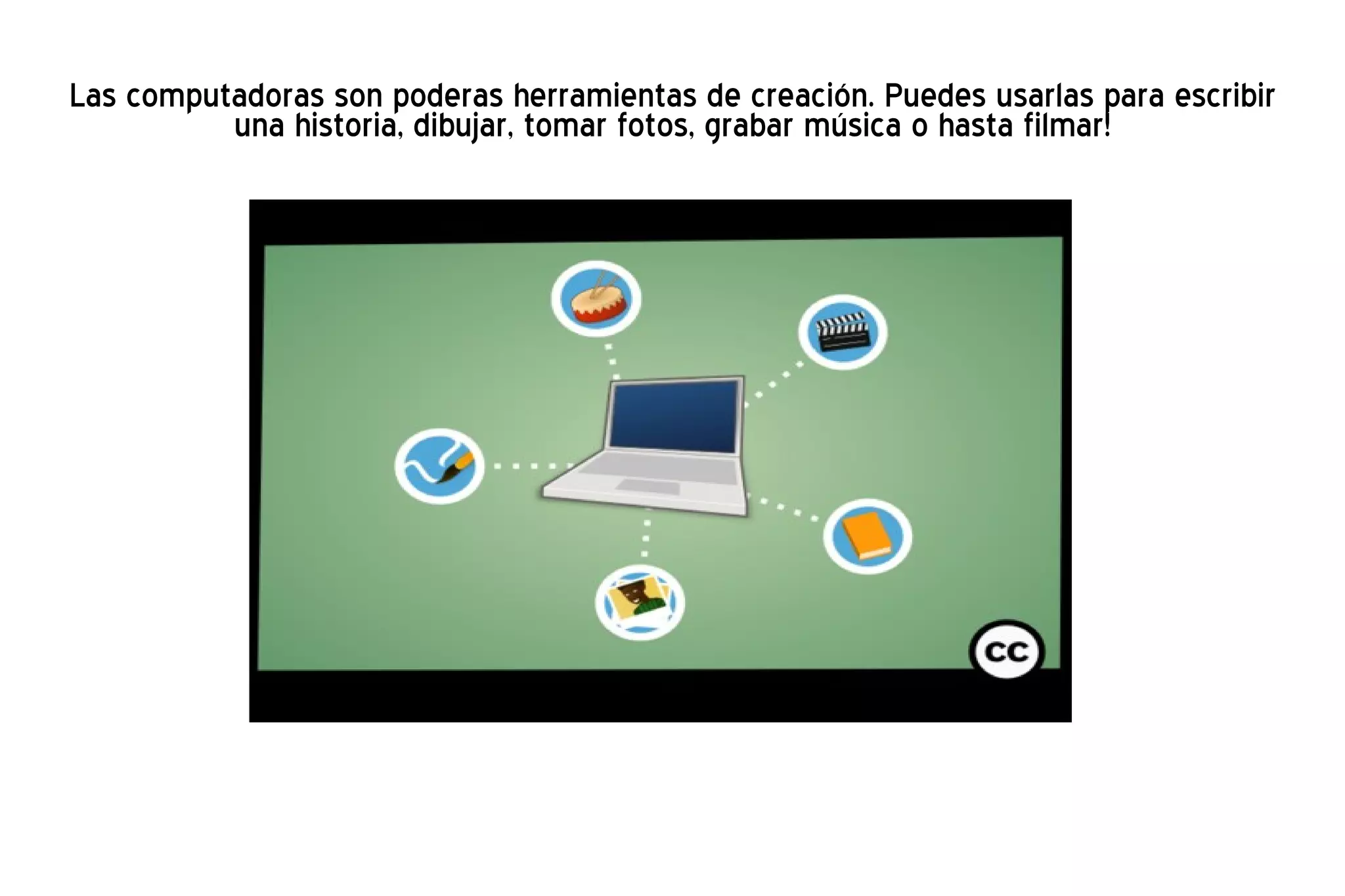 Las computadoras son poderas herramientas de creación. Puedes usarlas para escribir una historia, dibujar, tomar fotos, grabar música o hasta filmar! 