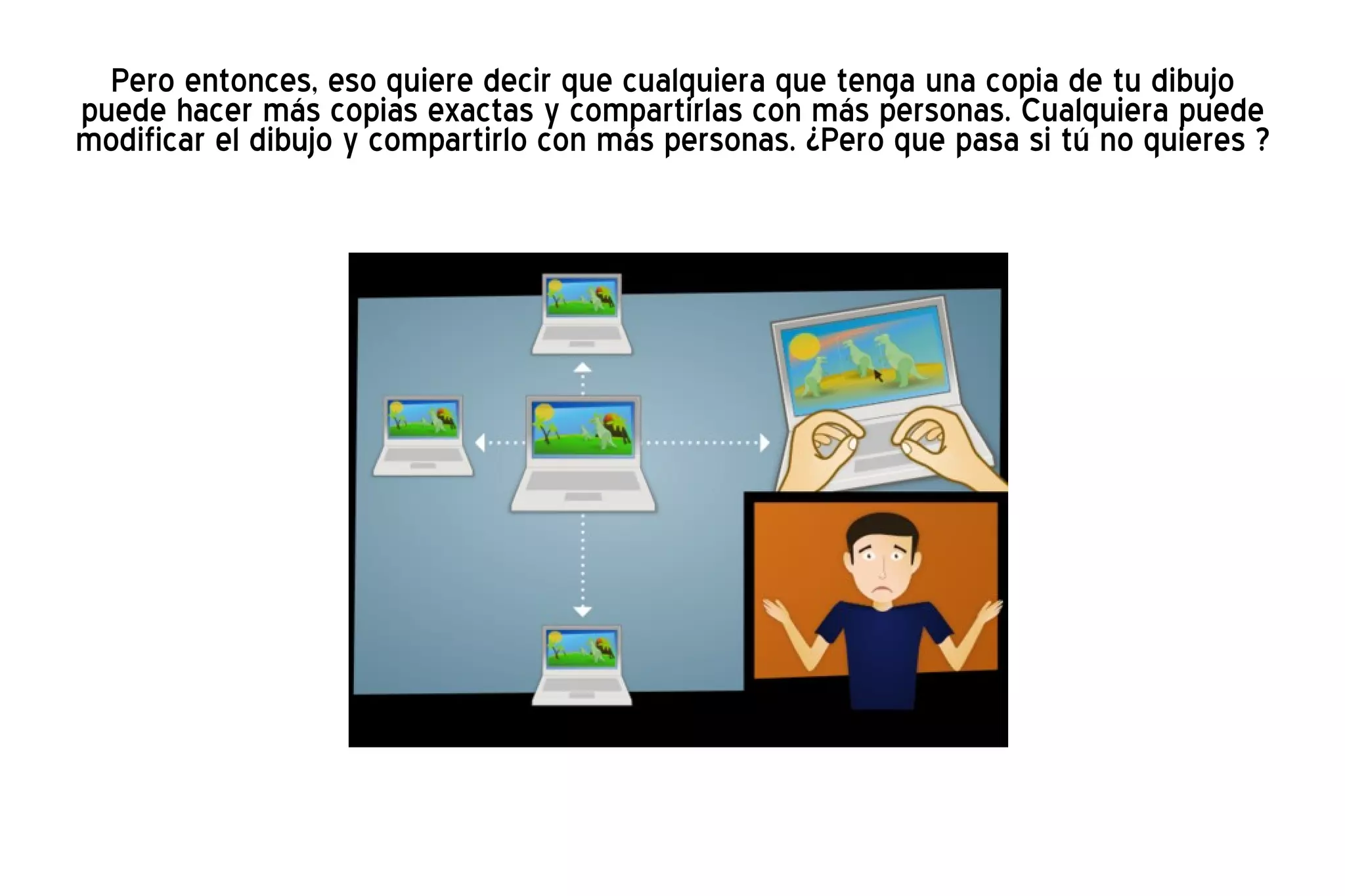 Pero entonces, eso quiere decir que cualquiera que tenga una copia de tu dibujo puede hacer más copias exactas y compartirlas con más personas. Cualquiera puede modificar el dibujo y compartirlo con más personas. ¿Pero que pasa si tú no quieres ? 