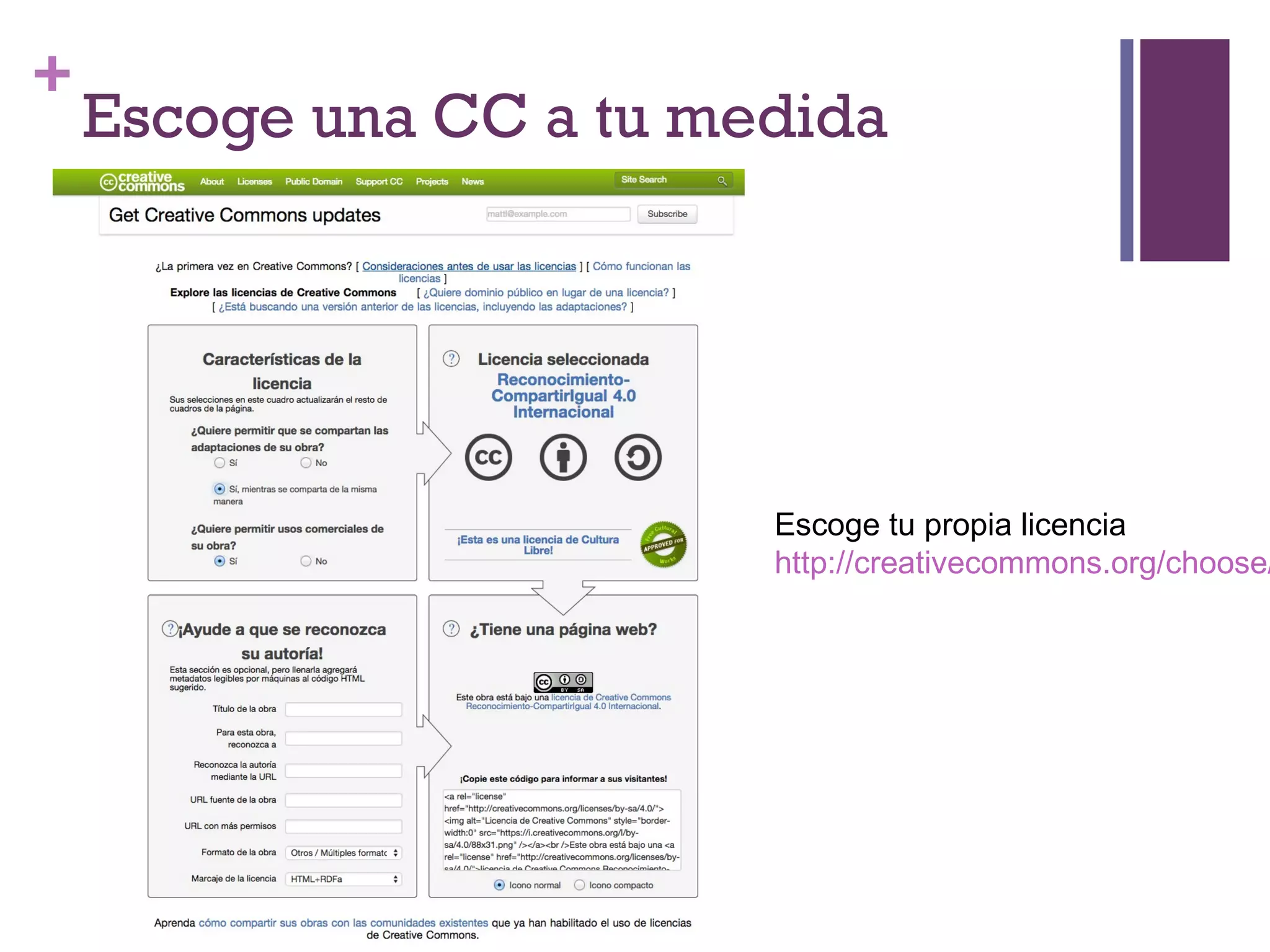 + 
Escoge una CC a tu medida 
Escoge tu propia licencia 
http://creativecommons.org/choose/ 
 