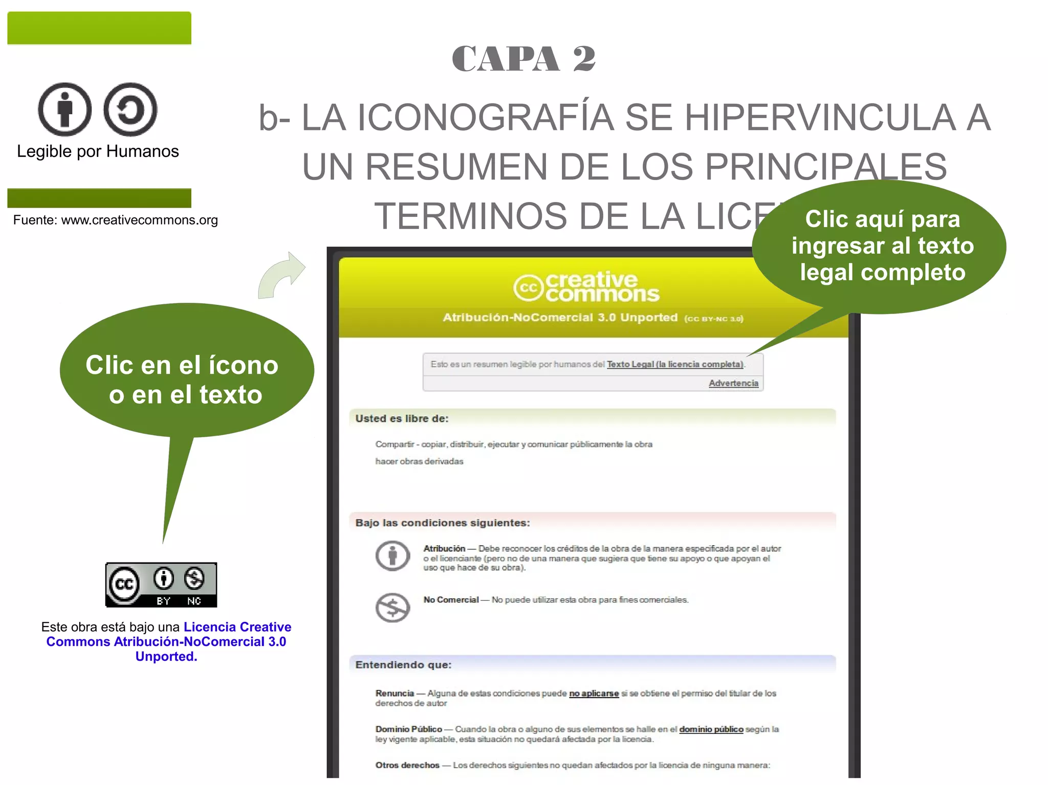 b- LA ICONOGRAFÍA SE HIPERVINCULA A
UN RESUMEN DE LOS PRINCIPALES
TERMINOS DE LA LICENCIA
Legible por Humanos
Fuente: www.creativecommons.org
Este obra está bajo una Licencia Creative
Commons Atribución-NoComercial 3.0
Unported.
Clic en el ícono
o en el texto
Clic aquí para
ingresar al texto
legal completo
CAPA 2
 