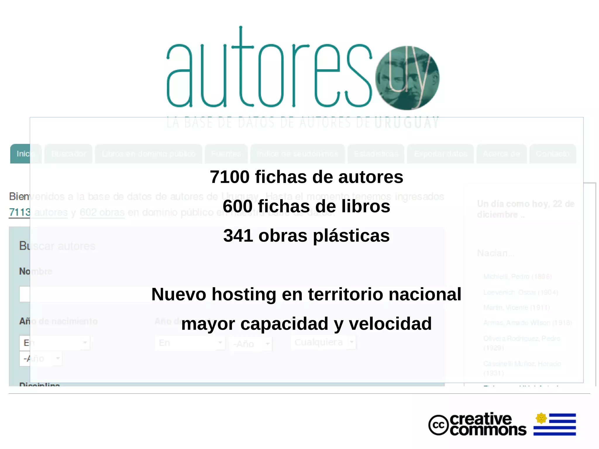 7100 fichas de autores
600 fichas de libros
341 obras plásticas
Nuevo hosting en territorio nacional
mayor capacidad y velocidad
 