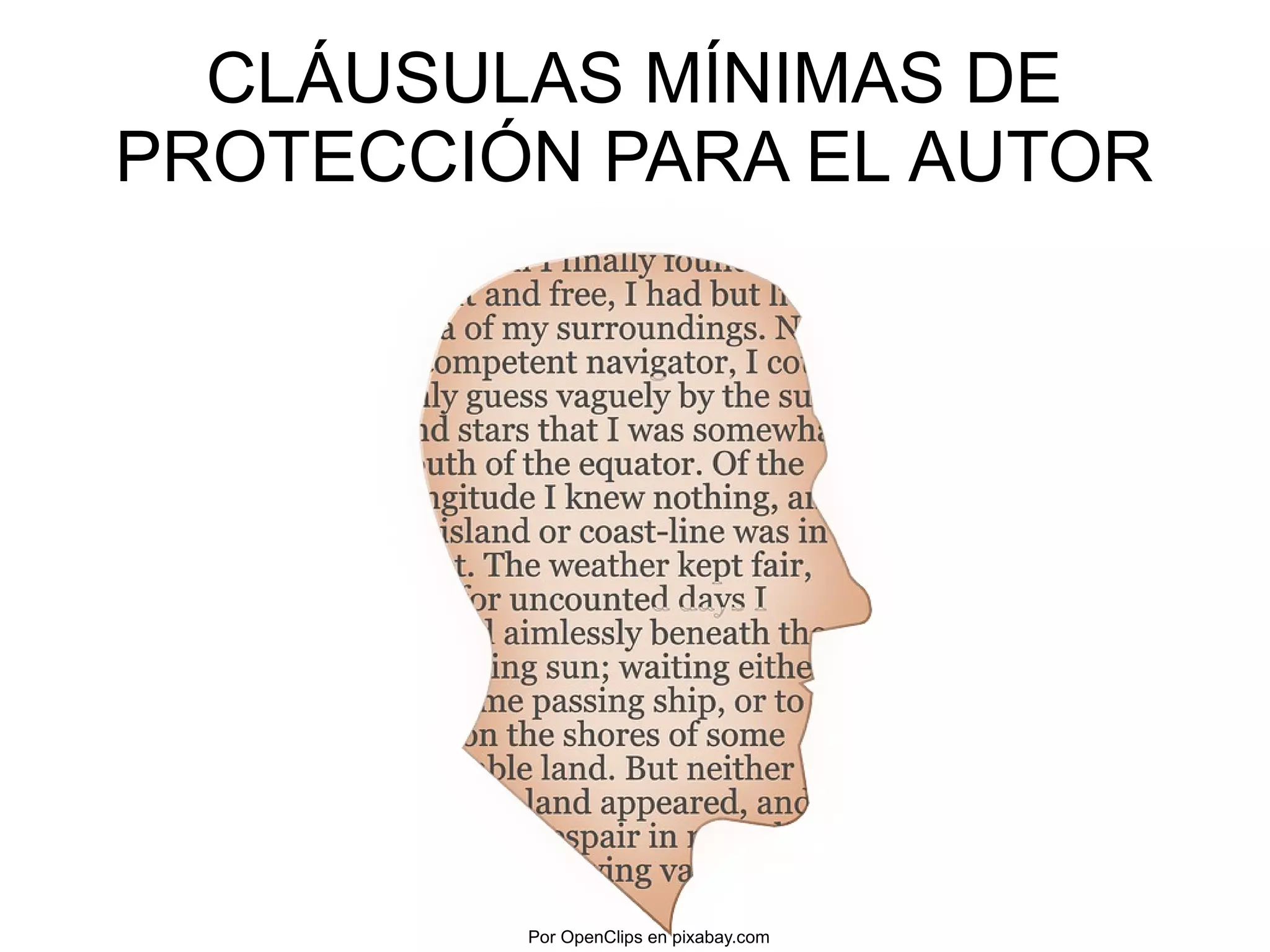 CLÁUSULAS MÍNIMAS DE 
PROTECCIÓN PARA EL AUTOR 
Por OpenClips en pixabay.com 
 