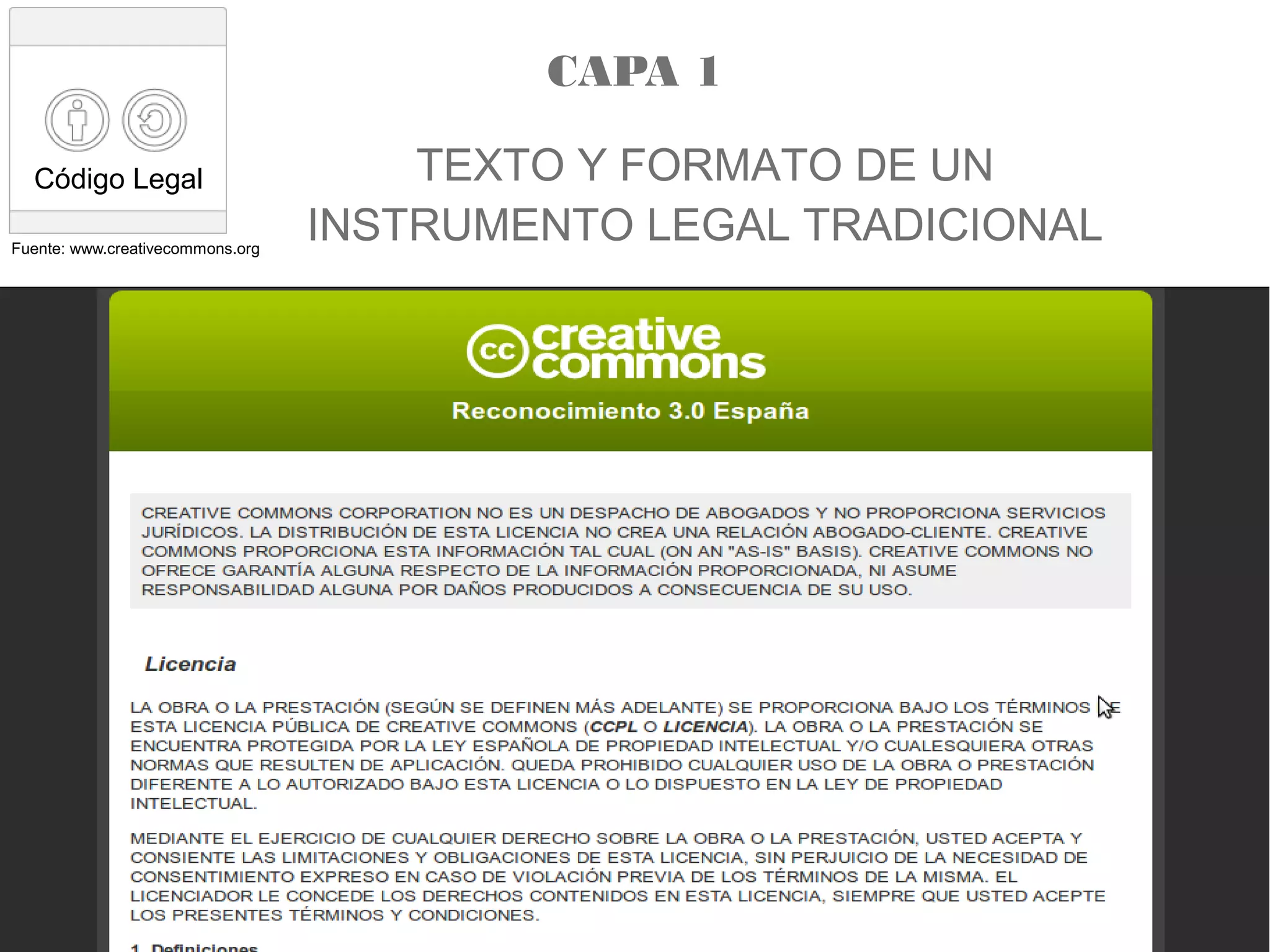 Código Legal
Fuente: www.creativecommons.org
TEXTO Y FORMATO DE UN
INSTRUMENTO LEGAL TRADICIONAL
CAPA 1
 
