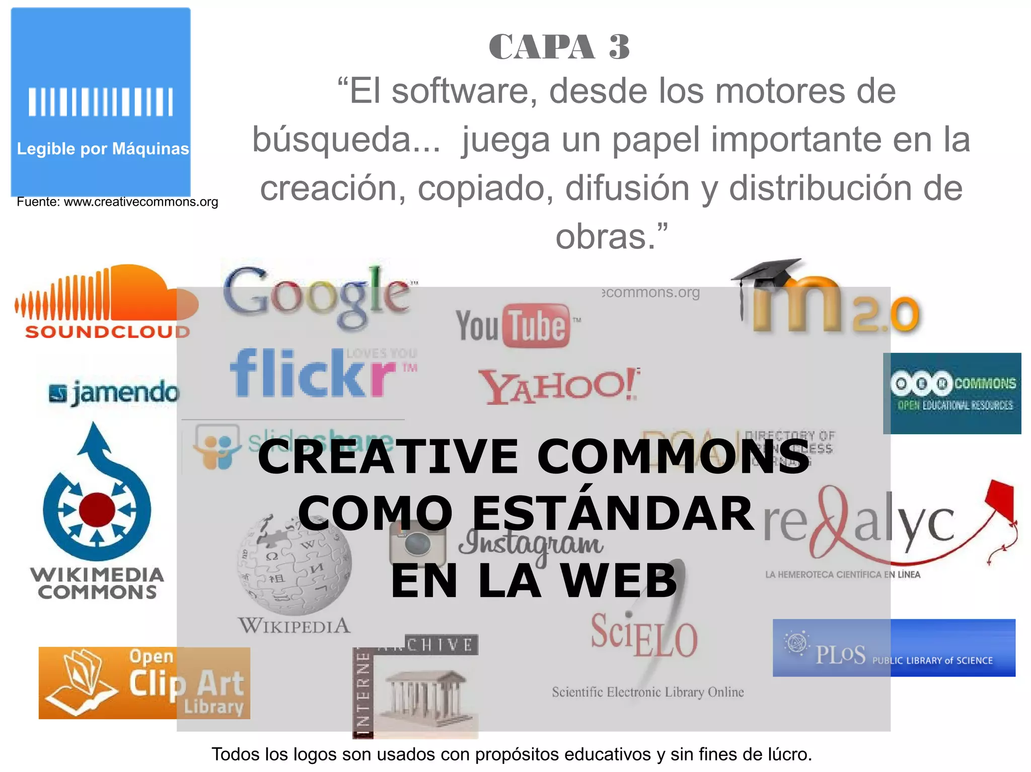 Legible por Máquinas
Fuente: www.creativecommons.org
“El software, desde los motores de
búsqueda... juega un papel importante en la
creación, copiado, difusión y distribución de
obras.”
www.creativecommons.org
Todos los logos son usados con propósitos educativos y sin fines de lúcro.
CAPA 3
CREATIVE COMMONS
COMO ESTÁNDAR
EN LA WEB
 