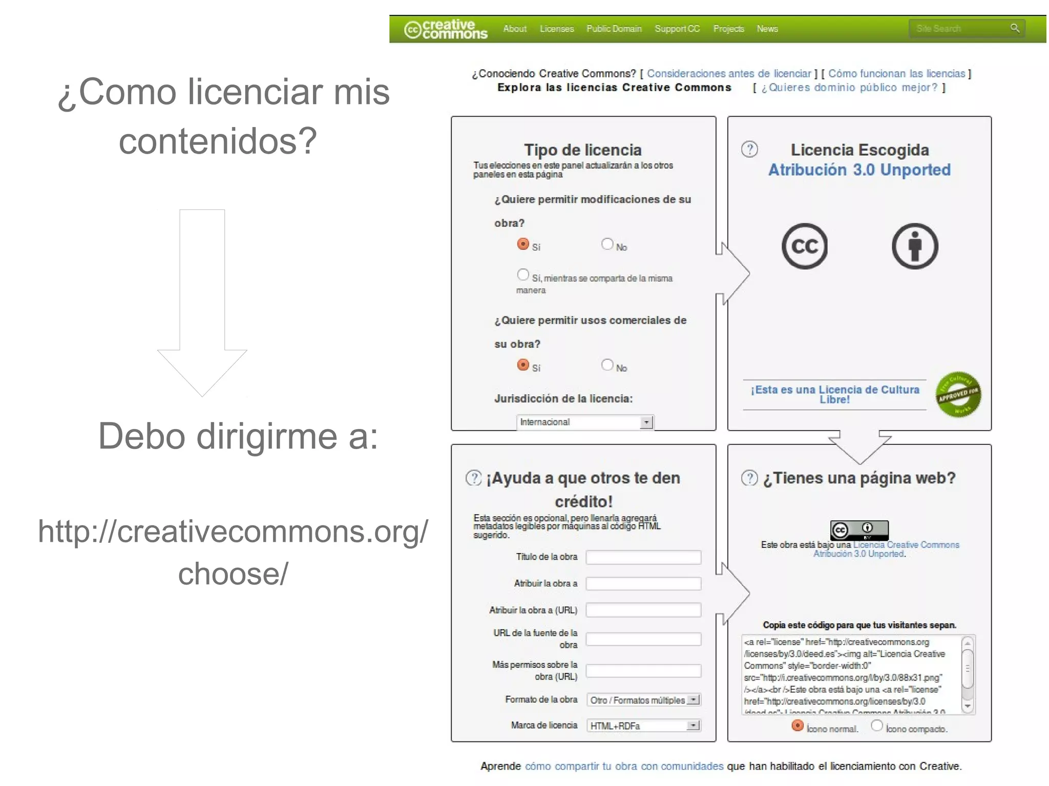 ¿Como licenciar mis
contenidos?
Debo dirigirme a:
http://creativecommons.org/
choose/
 