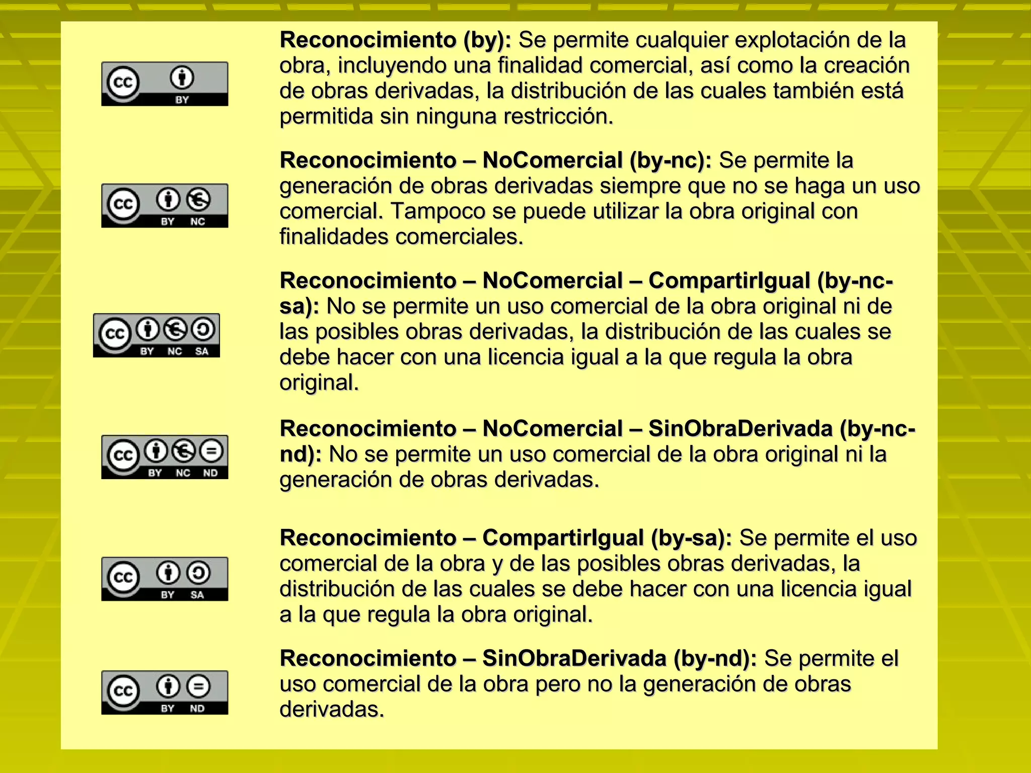 Reconocimiento (by):Reconocimiento (by): Se permite cualquier explotación de laSe permite cualquier explotación de la
obra, incluyendo una finalidad comercial, así como la creaciónobra, incluyendo una finalidad comercial, así como la creación
de obras derivadas, la distribución de las cuales también estáde obras derivadas, la distribución de las cuales también está
permitida sin ninguna restricción.permitida sin ninguna restricción.
Reconocimiento – NoComercial (by-nc):Reconocimiento – NoComercial (by-nc): Se permite laSe permite la
generación de obras derivadas siempre que no se haga un usogeneración de obras derivadas siempre que no se haga un uso
comercial. Tampoco se puede utilizar la obra original concomercial. Tampoco se puede utilizar la obra original con
finalidades comerciales.finalidades comerciales.
Reconocimiento – NoComercial – CompartirIgual (by-nc-Reconocimiento – NoComercial – CompartirIgual (by-nc-
sa):sa): No se permite un uso comercial de la obra original ni deNo se permite un uso comercial de la obra original ni de
las posibles obras derivadas, la distribución de las cuales selas posibles obras derivadas, la distribución de las cuales se
debe hacer con una licencia igual a la que regula la obradebe hacer con una licencia igual a la que regula la obra
original.original.
Reconocimiento – NoComercial – SinObraDerivada (by-nc-Reconocimiento – NoComercial – SinObraDerivada (by-nc-
nd):nd): No se permite un uso comercial de la obra original ni laNo se permite un uso comercial de la obra original ni la
generación de obras derivadas.generación de obras derivadas.
Reconocimiento – CompartirIgual (by-sa):Reconocimiento – CompartirIgual (by-sa): Se permite el usoSe permite el uso
comercial de la obra y de las posibles obras derivadas, lacomercial de la obra y de las posibles obras derivadas, la
distribución de las cuales se debe hacer con una licencia igualdistribución de las cuales se debe hacer con una licencia igual
a la que regula la obra original.a la que regula la obra original.
Reconocimiento – SinObraDerivada (by-nd):Reconocimiento – SinObraDerivada (by-nd): Se permite elSe permite el
uso comercial de la obra pero no la generación de obrasuso comercial de la obra pero no la generación de obras
derivadas.derivadas.
 