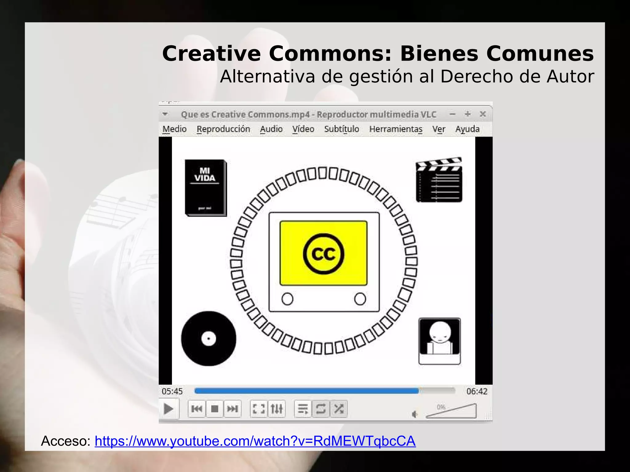 Creative Commons: Bienes Comunes
Alternativa de gestión al Derecho de Autor
Acceso: https://www.youtube.com/watch?v=RdMEWTqbcCA
 