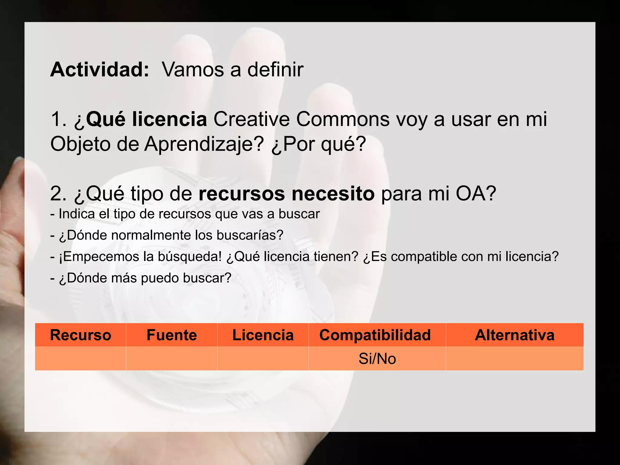 Actividad: Vamos a definir
1. ¿Qué licencia Creative Commons voy a usar en mi
Objeto de Aprendizaje? ¿Por qué?
2. ¿Qué tipo de recursos necesito para mi OA?
- Indica el tipo de recursos que vas a buscar
- ¿Dónde normalmente los buscarías?
- ¡Empecemos la búsqueda! ¿Qué licencia tienen? ¿Es compatible con mi licencia?
- ¿Dónde más puedo buscar?
Recurso Fuente Licencia Compatibilidad Alternativa
Si/No
 
