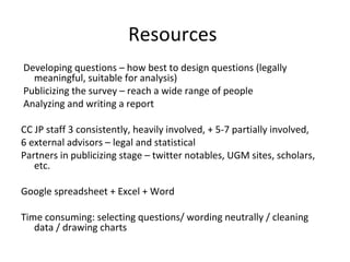 Resources  Developing questions – how best to design questions (legally meaningful, suitable for analysis) Publicizing the survey – reach a wide range of people Analyzing and writing a report CC JP staff 3 consistently, heavily involved, + 5-7 partially involved, 6 external advisors – legal and statistical Partners in publicizing stage – twitter notables, UGM sites, scholars, etc. Google spreadsheet + Excel + Word Time consuming: selecting questions/ wording neutrally / cleaning data / drawing charts 