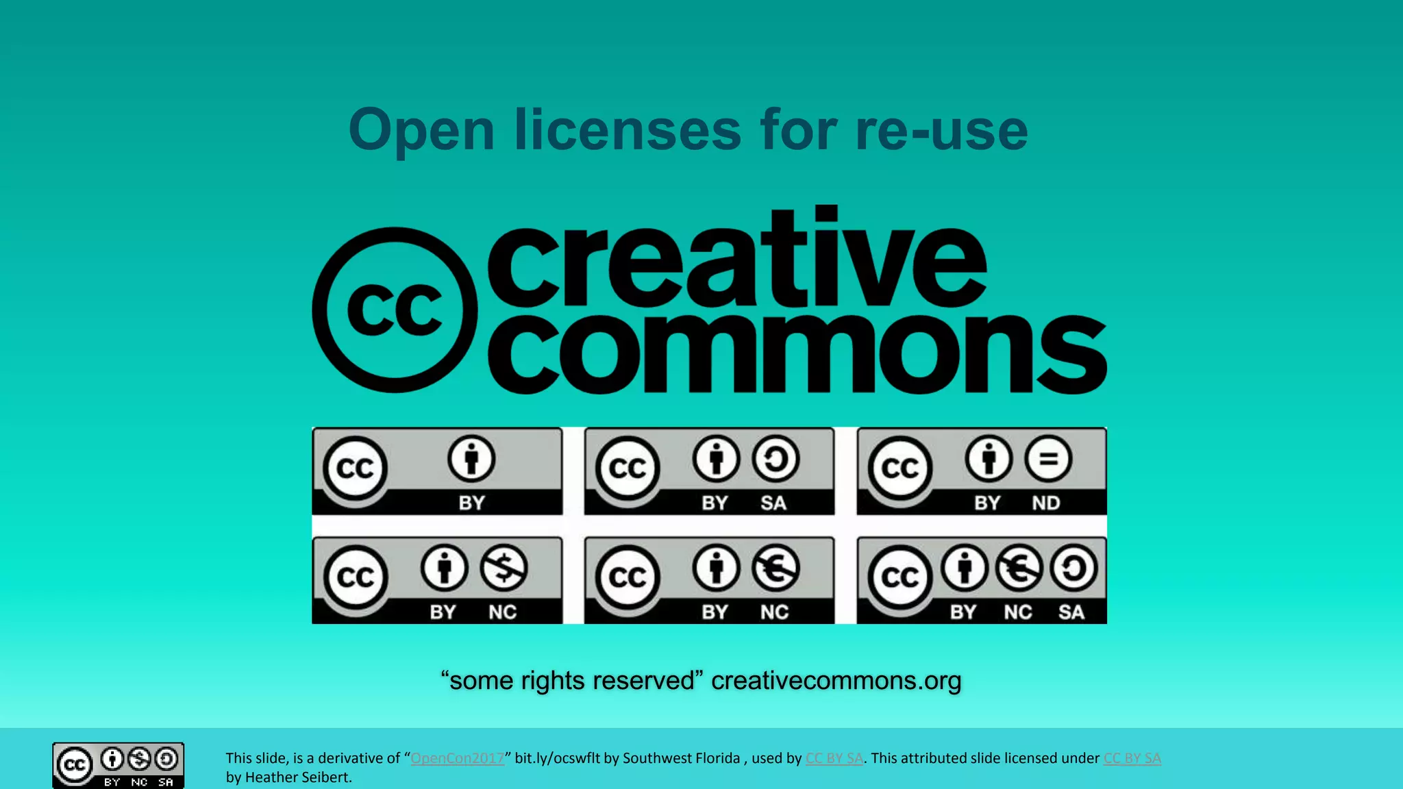 “some rights reserved” creativecommons.org
Open licenses for re-use
This slide, is a derivative of “OpenCon2017” bit.ly/ocswflt by Southwest Florida , used by CC BY SA. This attributed slide licensed under CC BY SA
by Heather Seibert.
 