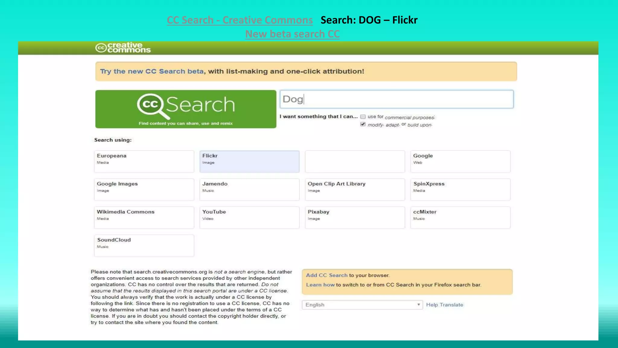 CC Search - Creative Commons Search: DOG – Flickr
New beta search CC
 