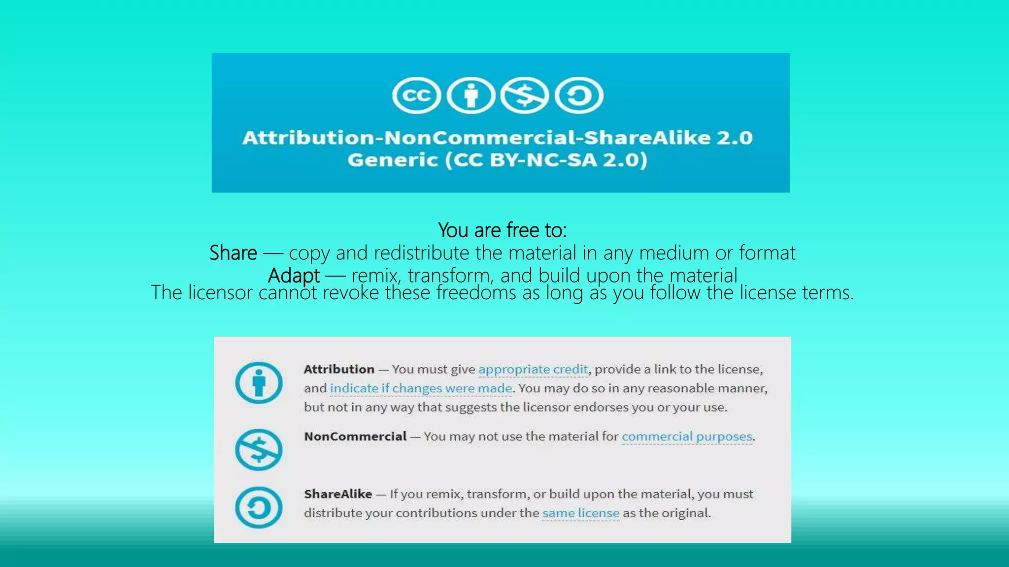 You are free to:
Share — copy and redistribute the material in any medium or format
Adapt — remix, transform, and build upon the material
The licensor cannot revoke these freedoms as long as you follow the license terms.
 