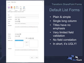 Default List Forms
• Plain & simple
• Single long column
• Titles have no
emphasis
• Very limited field
validation
• No field correlation
• In short, it’s UGLY!
Transform SharePoint Forms
 