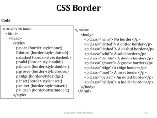 CSS Border
Copyright - Anjan Mahanta 67
Code
<!DOCTYPE html>
<html>
<head>
<style>
p.none {border-style:none;}
P.dotted {border-style: dotted;}
p.dashed {border-style: dashed;}
p.solid {border-style: solid;}
p.double {border-style:double;}
p.groove {border-style:groove;}
p.ridge {border-style:ridge;}
p.inset {border-style:inset;}
p.outset {border-style:outset;}
p.hidden {border-style:hidden;}
</style>
</head>
<body>
<p class="none"> No border </p>
<p class="dotted"> A dotted border</p>
<p class="dashed"> A dashed border</p>
<p class="solid"> A solid border</p>
<p class="double"> A double border</p>
<p class="groove"> A groove border</p>
<p class="ridge">A ridge border</p>
<p class="inset"> A inset border</p>
<p class="outset"> An outset border</p>
<p class="hidden"> A hidden border</p>
</body>
</html>
 