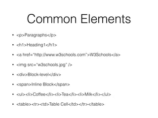 Common Elements
• <p>Paragraphs</p>
• <h1>Heading1</h1>
• <a href=“http://www.w3schools.com”>W3Schools</a>
• <img src=“w3schools.jpg” />
• <div>Block-level</div>
• <span>Inline Block</span>
• <ul><li>Coffee</li><li>Tea</li><li>Milk</li></ul>
• <table><tr><td>Table Cell</td></tr></table>
 