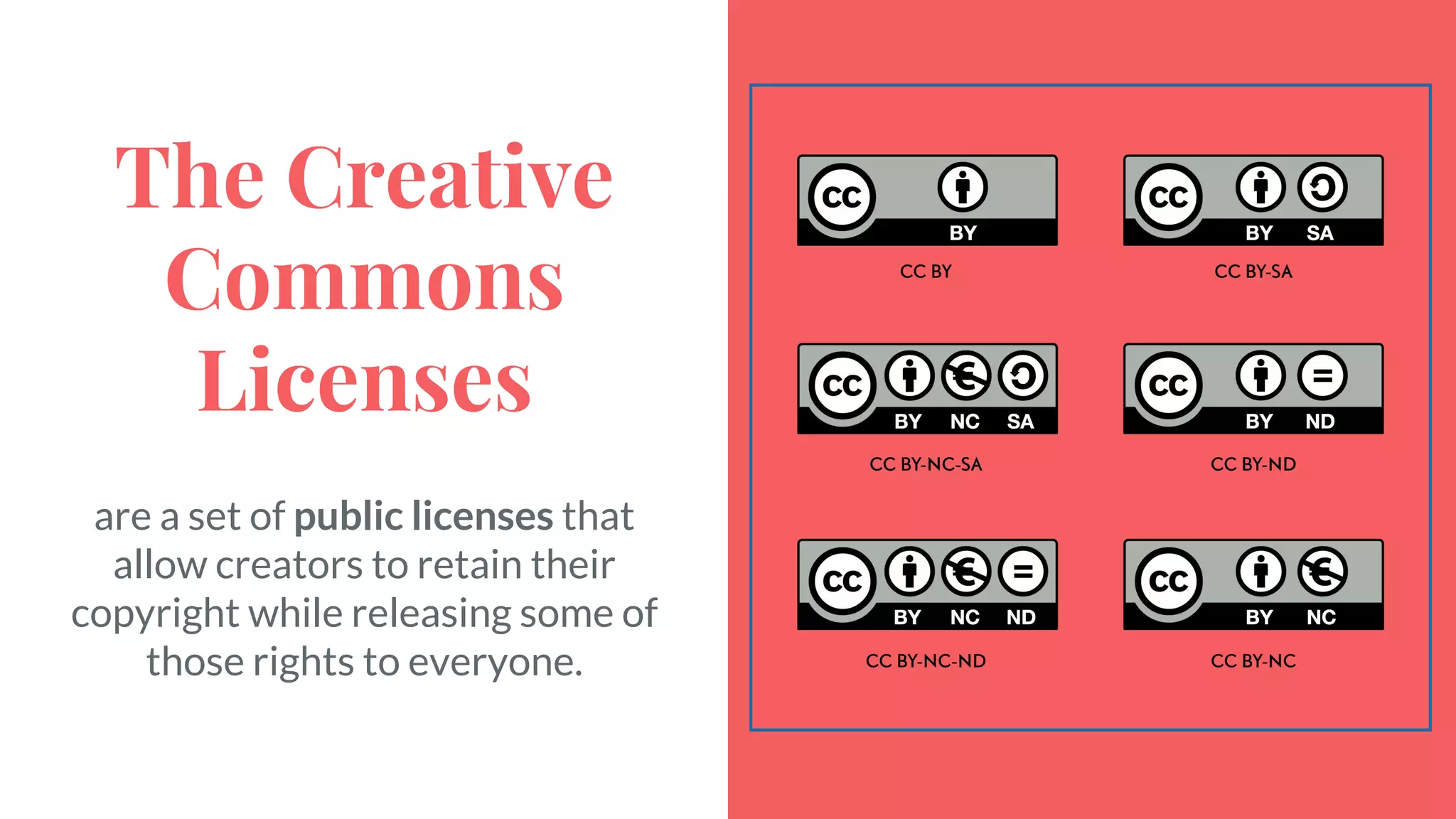 The Creative
Commons
Licenses
are a set of public licenses that
allow creators to retain their
copyright while releasing some of
those rights to everyone.
 